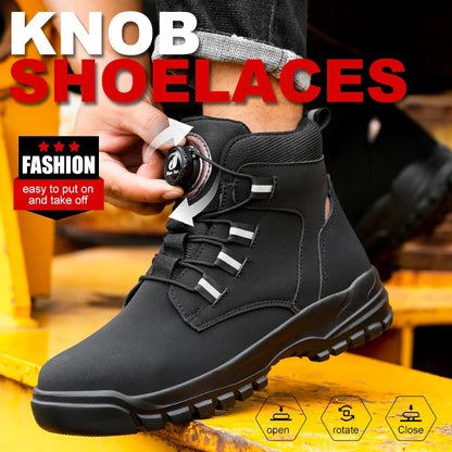 Leather Non Slip Work Boots for Men Rotating Button Safety Shoes Steel Toe Sneaker Male Puncture Proof Protective Boots