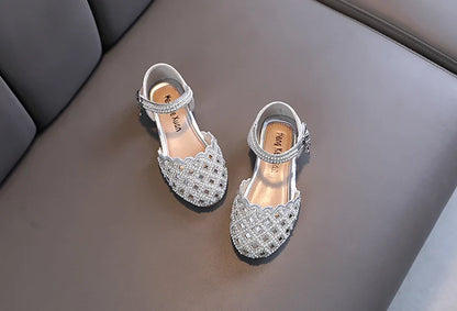 Summer Girl's Sandals Sliver Pink Diamante Luxury Hollow-out Kids Sliders Hook-loop Round Toe Glitter Stylish Children Shoe26-36