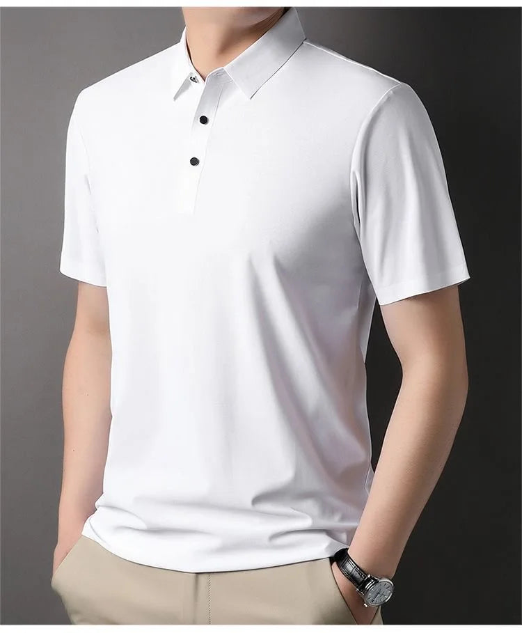 High quality wrinkle resistant ice silk short sleeve t-shirt men's summer Lapel loose casual solid color top high-end polo men