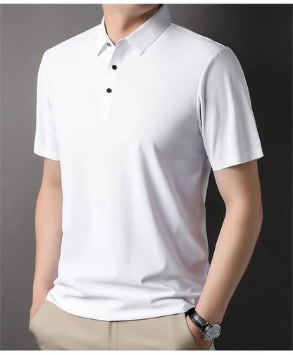 High quality wrinkle resistant ice silk short sleeve t-shirt men's summer Lapel loose casual solid color top high-end polo men