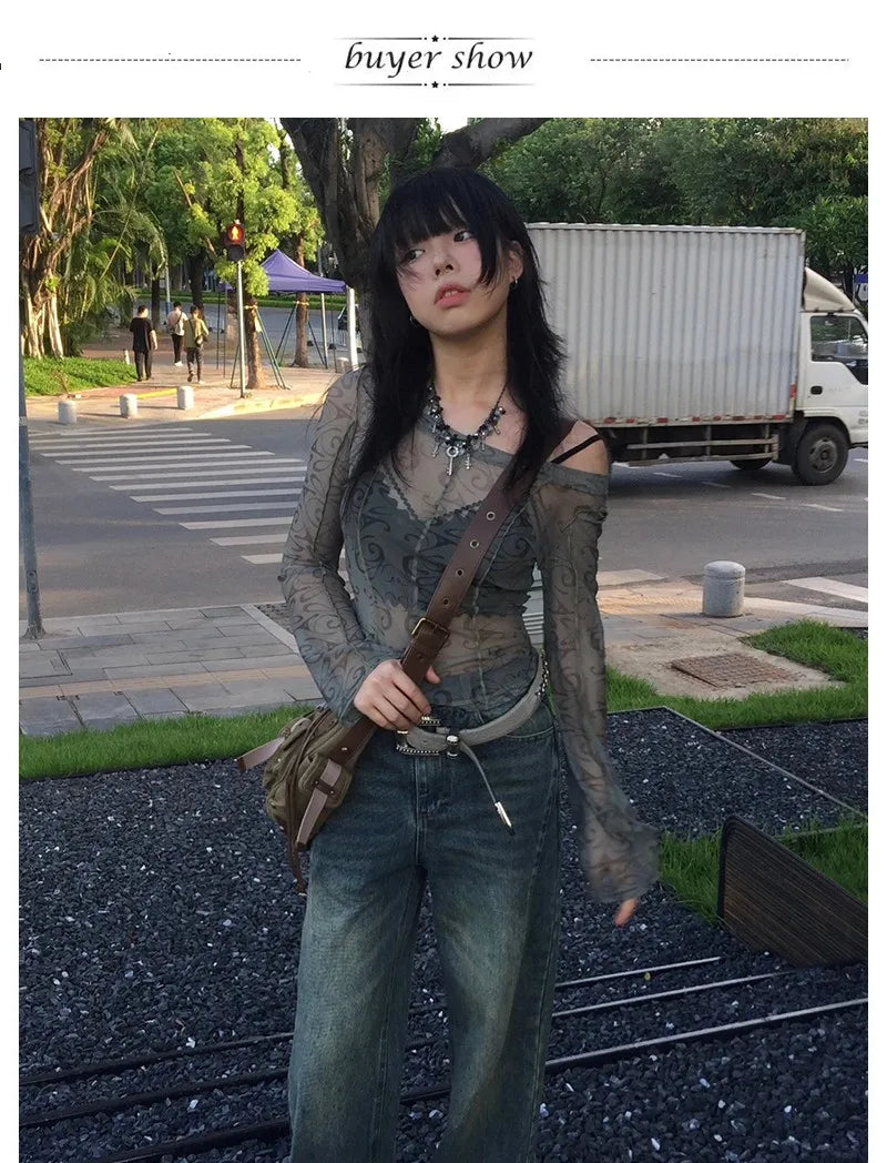 Grunge Aesthetics Mesh Tops Japanese Y2k Sheer Tops Vintage Harajuku See Through Crop Top Korean Fashion Tie Dye T-shirt
