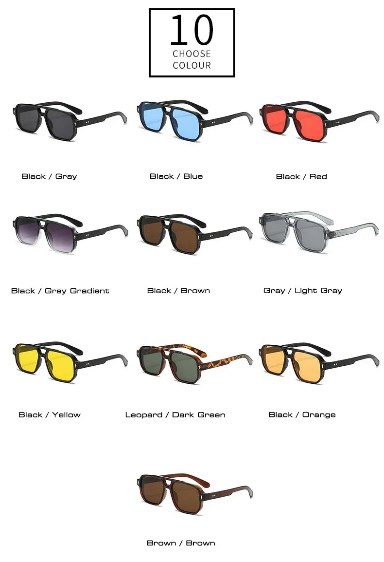 Vintage Double Bridges Men Square Sunglasses Fashion Green Ocean Lens UV400 Eyewear Women Trending Rivets Sun Glasses
