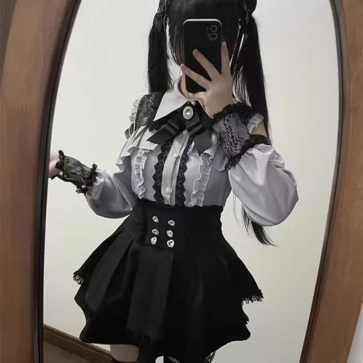 Y2k Aesthetic Lolita Style Bow Dress Shorts Set Japanese Women Gothic Lace Flare Sleeve Button Shirt Dress Punk Party Mini Dress