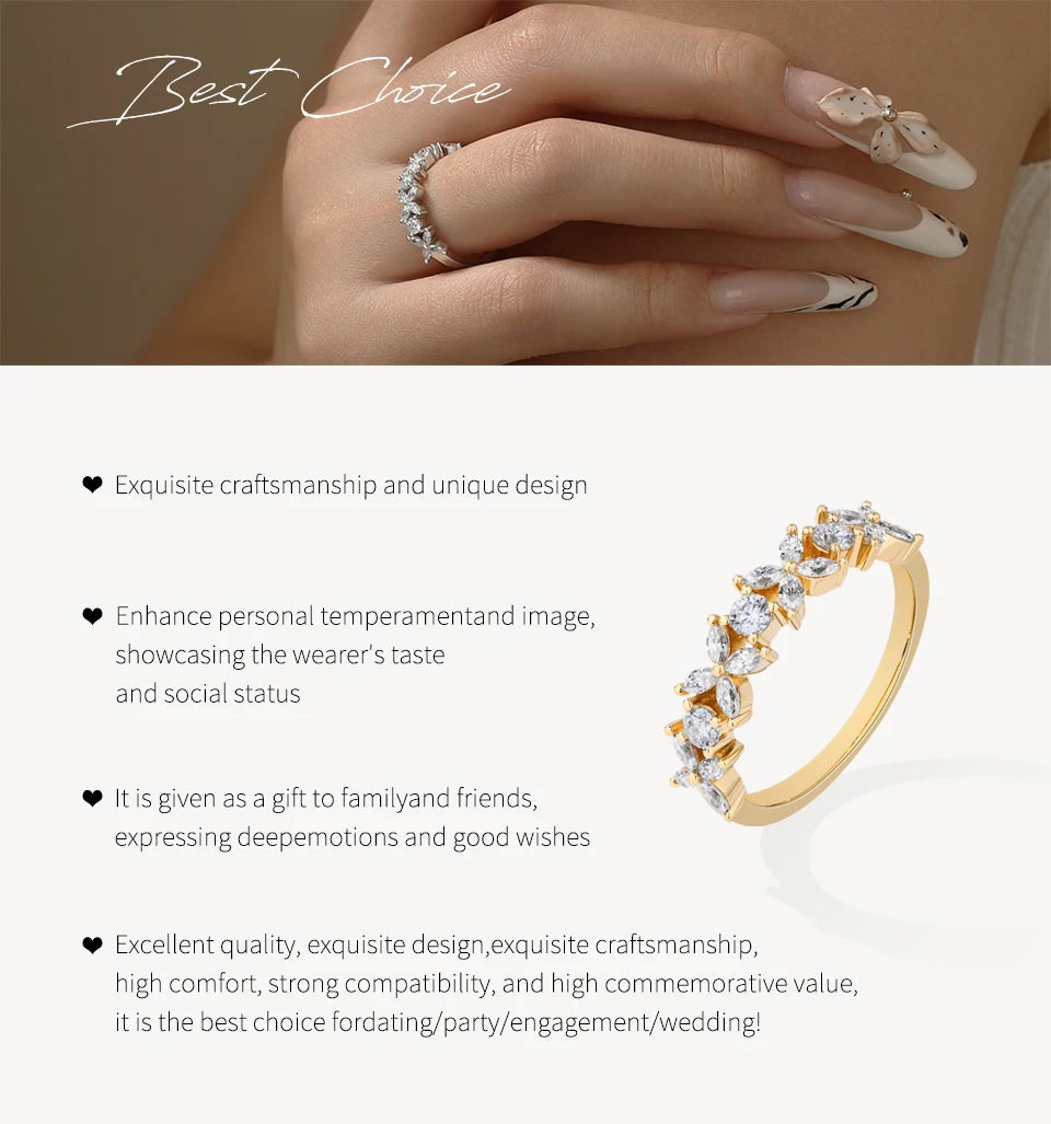 Classic Marquise Round Moissanite Leaves and flowers Ring S925 Silver for Women party Jewelry Gift anniversary Wedding