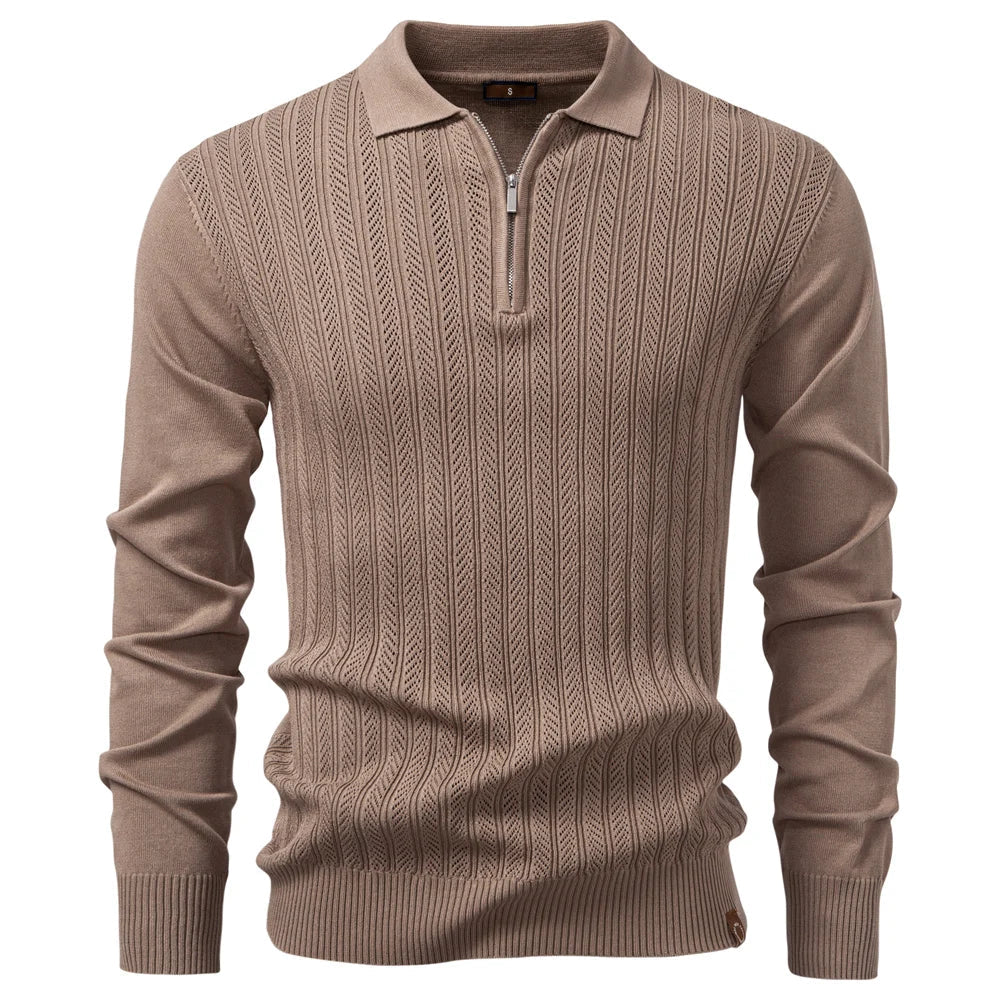 Zip Placket Polo Shirt Men Premium Solid Color Slim Fit Long Sleeve Textured Fabric Business Casual Autumn Winter