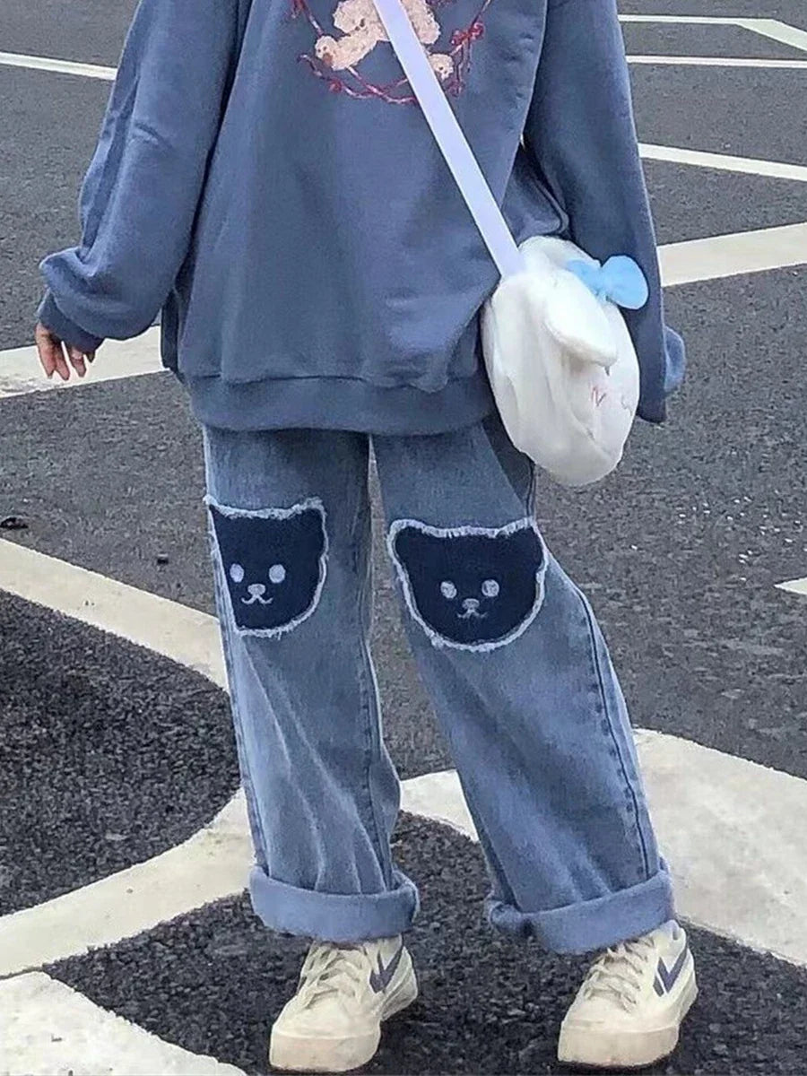 Cute Hip Hop Bear Print Jeans Girls Cool Harm Pants