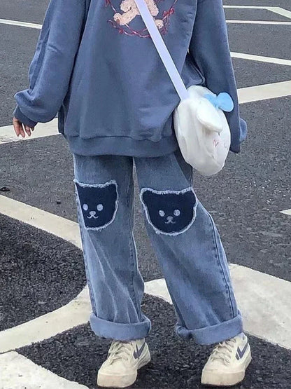 Cute Hip Hop Bear Print Jeans Girls Cool Harm Pants