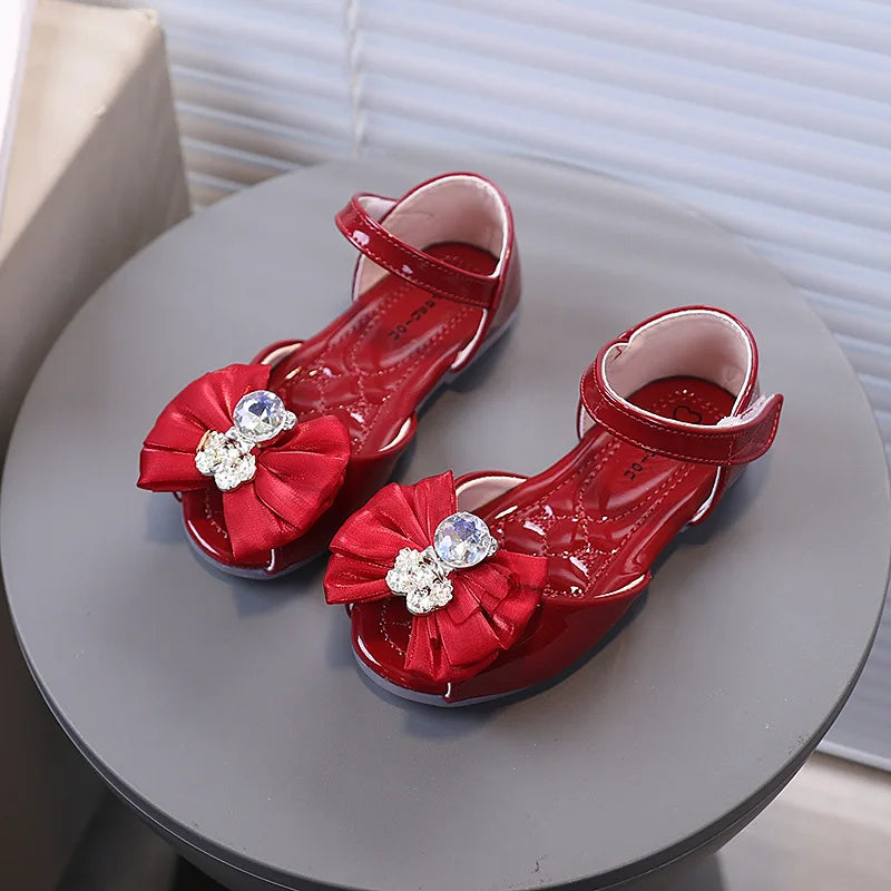 Girl's Fish Mouth Shoes with Rhinestone Bear Decos Prom Party Sandals for Kids Girl Nice Butterfly-knot Students Footwear I10281
