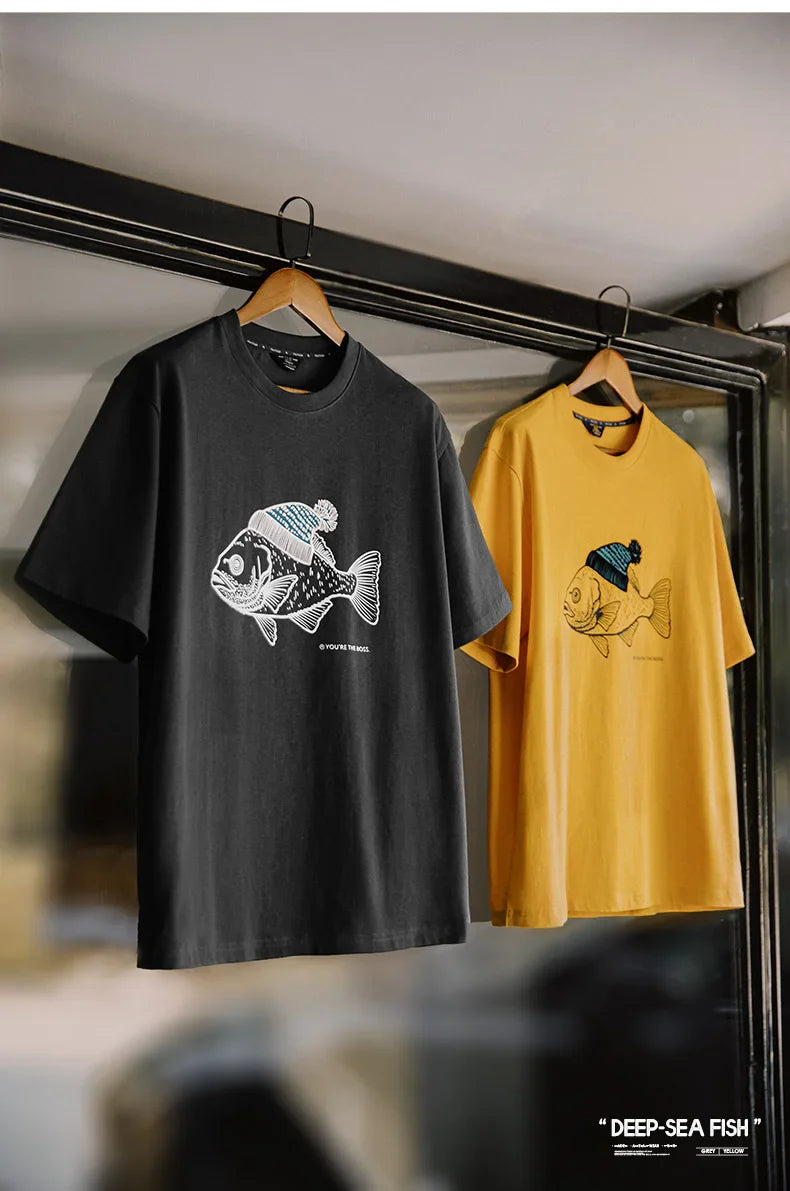 Maden Vintage Flocked Print Short-sleeved T-shirts Animal Pattern Cotton Round Neck Tops for Men's Summer Casual Loose Fit Tee