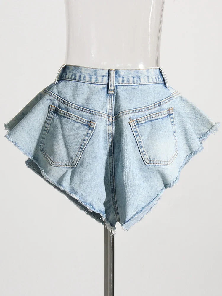 Patchwork Pockets Solid Casual Denim Shorts For Women