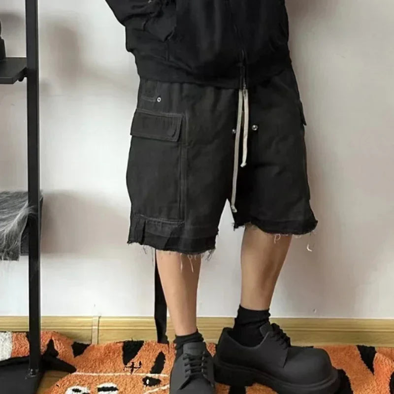Gothic street jeans with multiple pockets men's shorts wide-legged loose nine-quarter pants knee-length pants loose casual pants