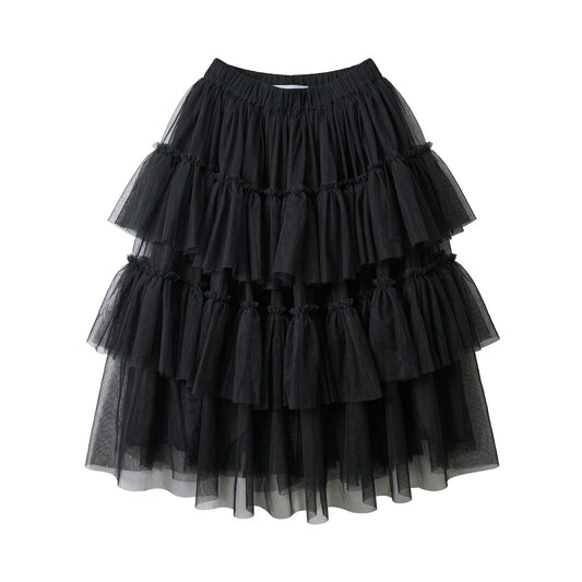 Forest style black cake skirt imakokoni spring Japanese mesh high waist mid length A-line skirt for women 265434