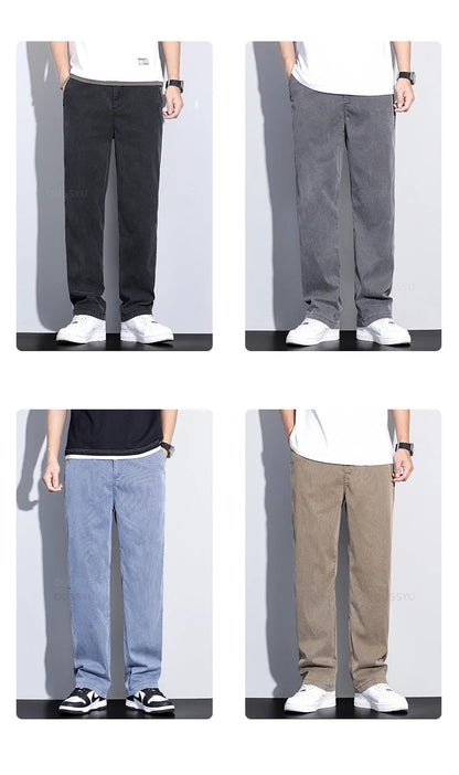 Summer New Upgrade Soft Lyocell Fabric Jeans Men Ultrathin Blue Elastic Waist Loose Straight Denim Trousers Male Plus Size 5XL