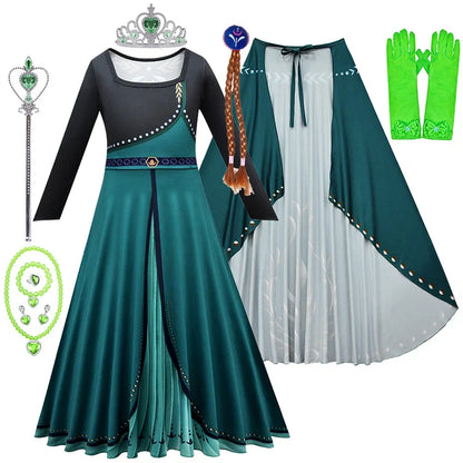 Frozen Coronation Anna Princess Girls Cosplay  Long Sleeve Costume Carnival Party Kids Cloak Clothes Birthday Print Dress