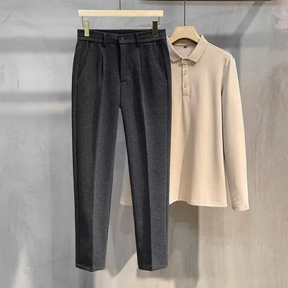 Men's Woolen Straight Leg Casual Pants Autumn Winter Thickened Fashionable Nine Point Pants mid Waist Pure Color Anti-Wrinkle