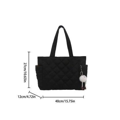 Fashionable Quilted Tote Bag with Cute Plush Bag Decoration, Autumn Leisure Large Capacity Handbag Daily Commuting Shoulder Bag
