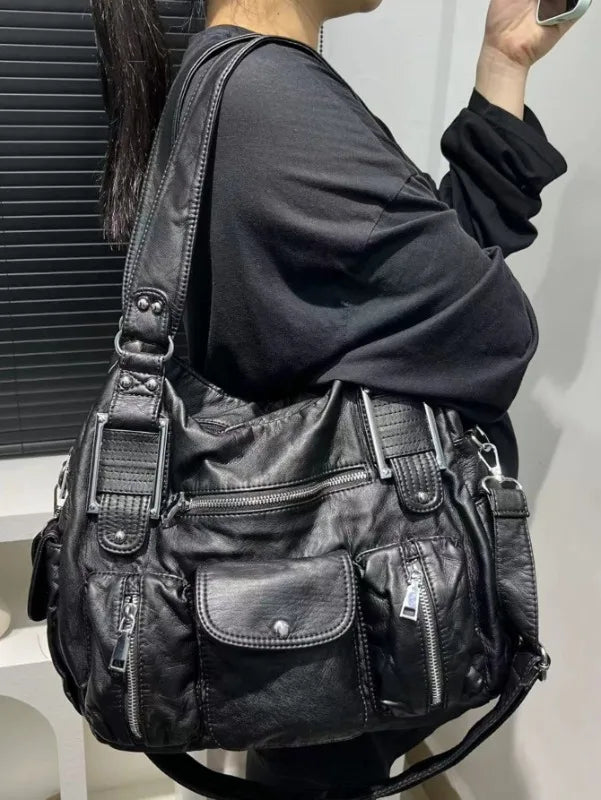 Women's Fashion Y2K Hot Girl Motorcycle Bag Old Lychee Pattern Multi-Pocket Shoulder Crossbody Bag