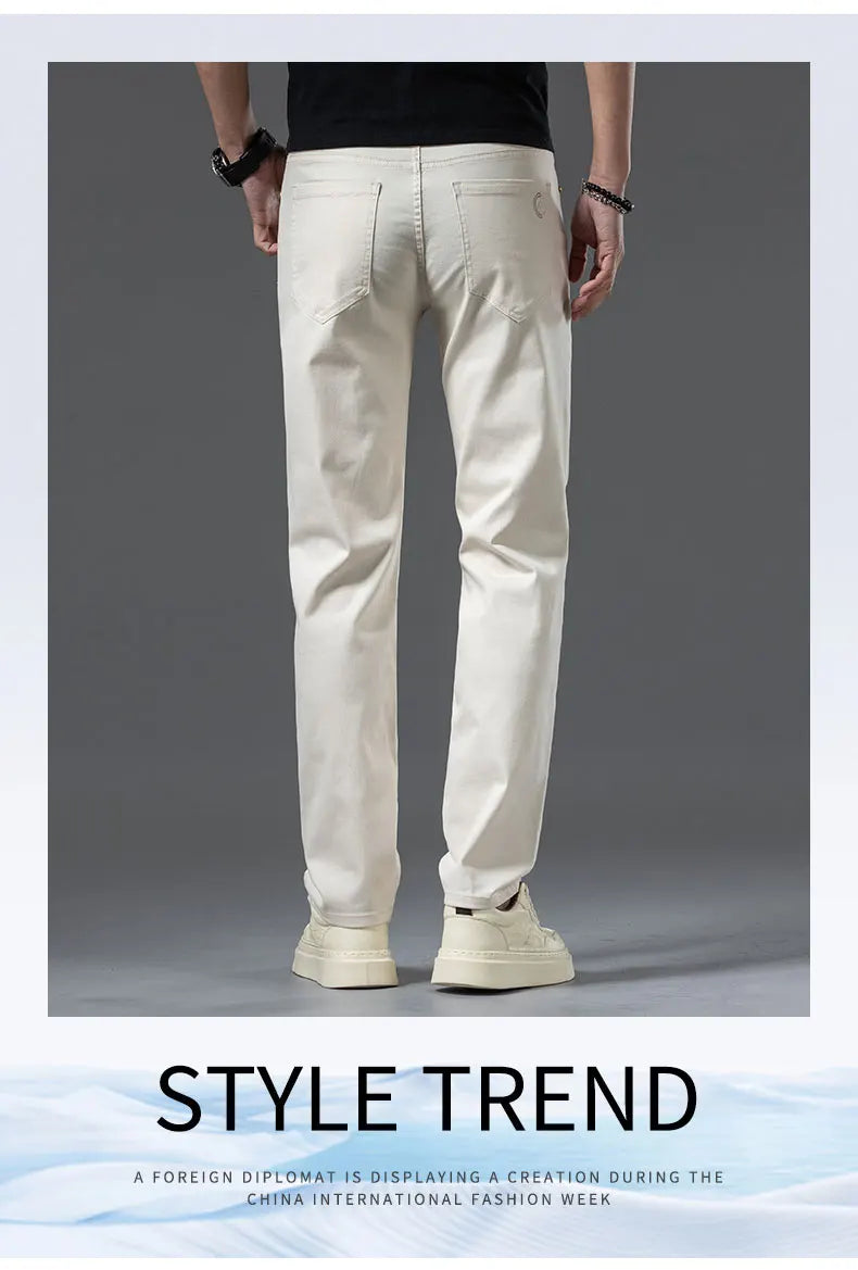 2024 New Men's Khaki White Cotton Stretch Slim Smart Jeans Casual Straight Business Fashion Beige Brand Denim Trousers