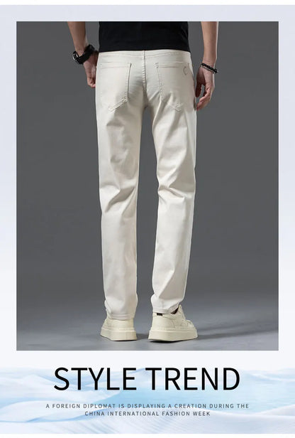 2024 New Men's Khaki White Cotton Stretch Slim Smart Jeans Casual Straight Business Fashion Beige Brand Denim Trousers
