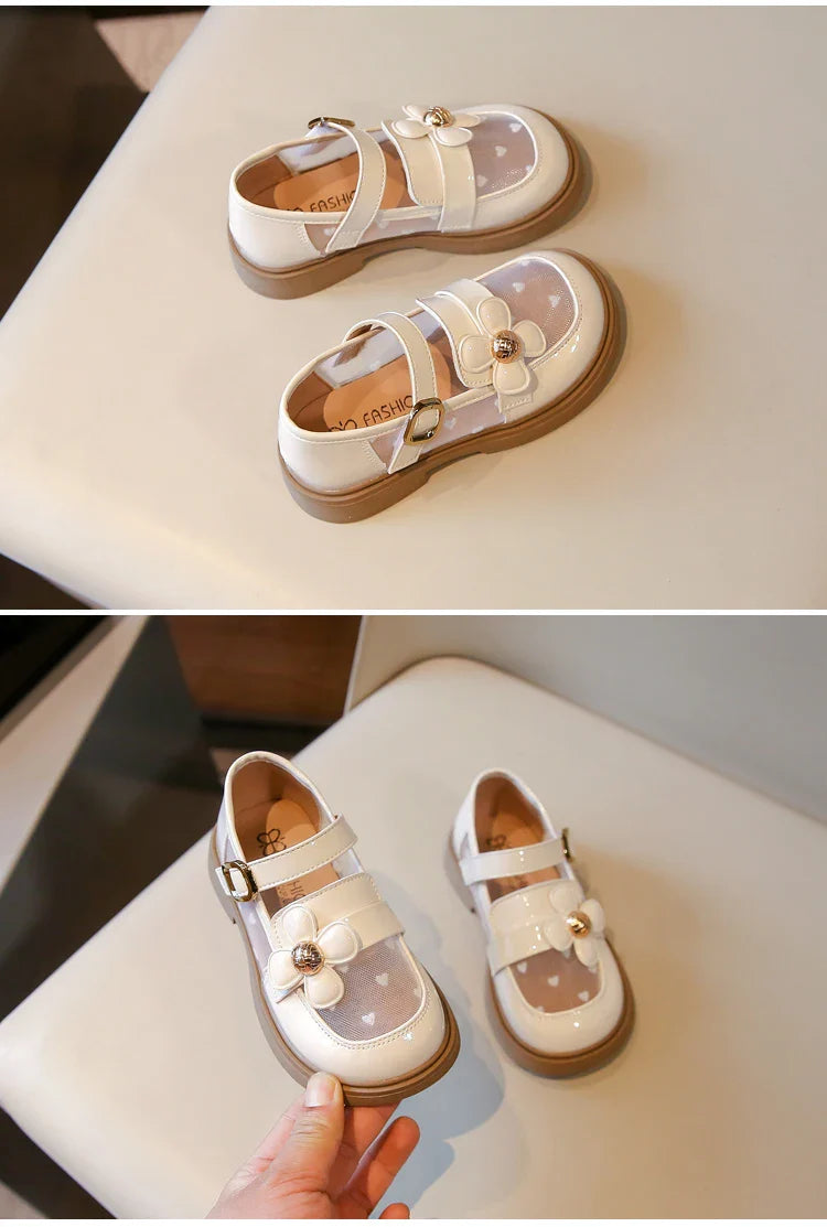 Toddler Girls Elegant Glossy Mesh Mary Jane Flats Flower Buckle Strap Heart Pattern Chunky Sole Comfortable Party School Shoes