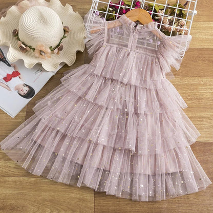 Summer Sweet and Cute Children's Clothing Sequin Decoration Mesh Cake Dress Birthday Party Girls' Dress New Year