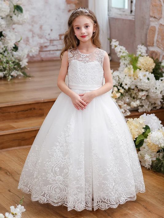 lower Girl Dress Embroidery Tulle Lace for Kid Bridesmaid Birthday Party Communion Formal Princess Bow Ball Gown