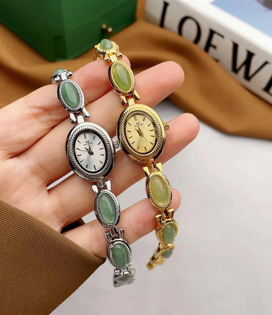 Women's Gold Watch Vintage Brown Jade Bracelet Small Dial Quartz Daily Wear Party Clock Luxury Waterproof Ladies Watches Gifts