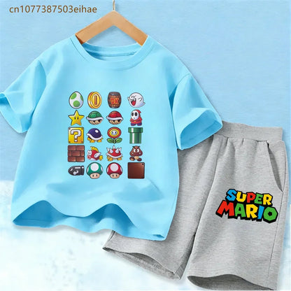 Summer Casual Kids Clothing Set Mario Cartoon Print Pure Cotton Short Sleeve Tee And Shorts 2PCS Wear For Boys Girls