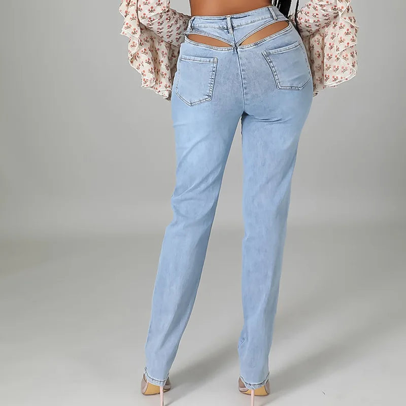 Hollow Out Jeans Pants Women Vintage Denim Ladies Jeans