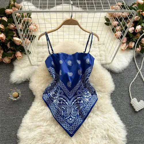 Women Sexy Backless asymmetrical lace-up Camis Print Tank Top Chic One-piece Corset Bustier Summer Beach vacation Crop Top