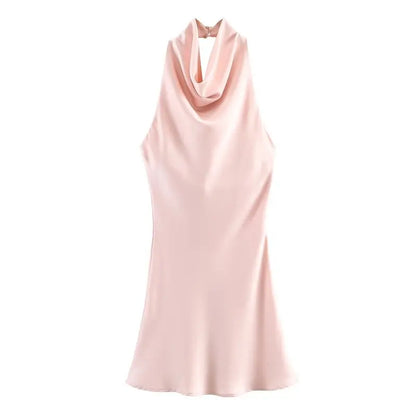 Silk Satin Texture Summer New Arrival Women's  Dr Hanging Ne Collar Gown Soft A-Line Skirt High Waist Pure Color