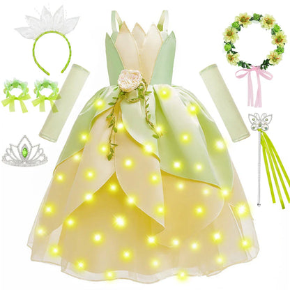 Tiana Fancy Girls Princess Costume Kid Carnival Dress Cosplay Floral LED Light Up Clothing Halloween Girls Christmas Party 2-11T