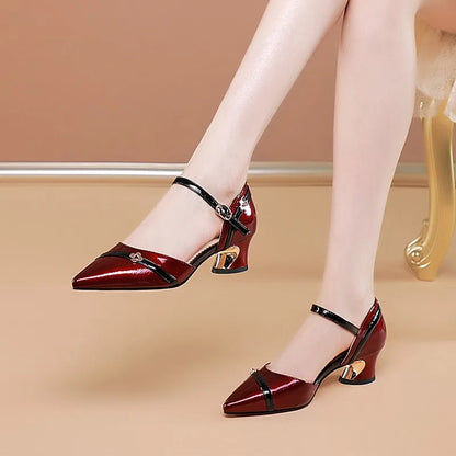Sapatos Femininos de Salto Alto, Salto Grosso e Bico Fino, Sapatos Femininos da Moda Primavera e Verão de Salto Médio com Bico Quadrado