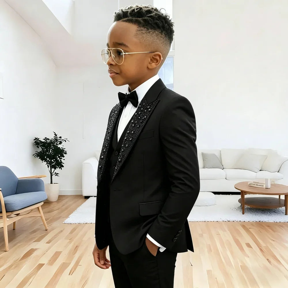 Black Beaded Crystals Suits For Boys 3 Pieces Sets Single Breasted Prom Blazer Sets Kids Formal Wedding Party Tuxedos