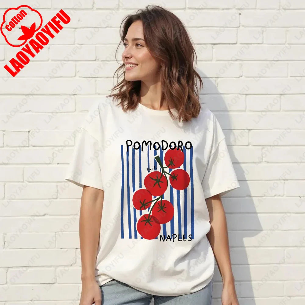 Vintage Italian Tomato Cotton Graphic Tshirt Summer Shirt Women Top Italy Vacation Aesthetic Tomato Girl Market Style