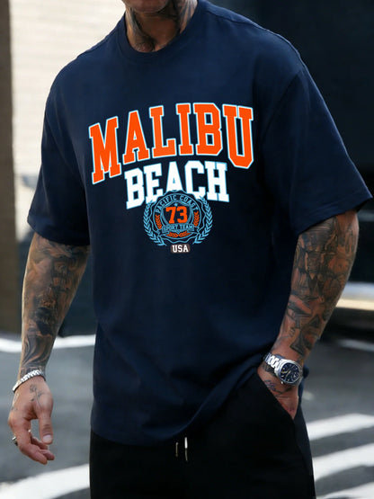 Malibu Beach 73 Usa Printing T-Shirt Mens Cotton T Shirts O-Neck Summer Basics Clothes Casual Trendy All-Match Short Sleeve
