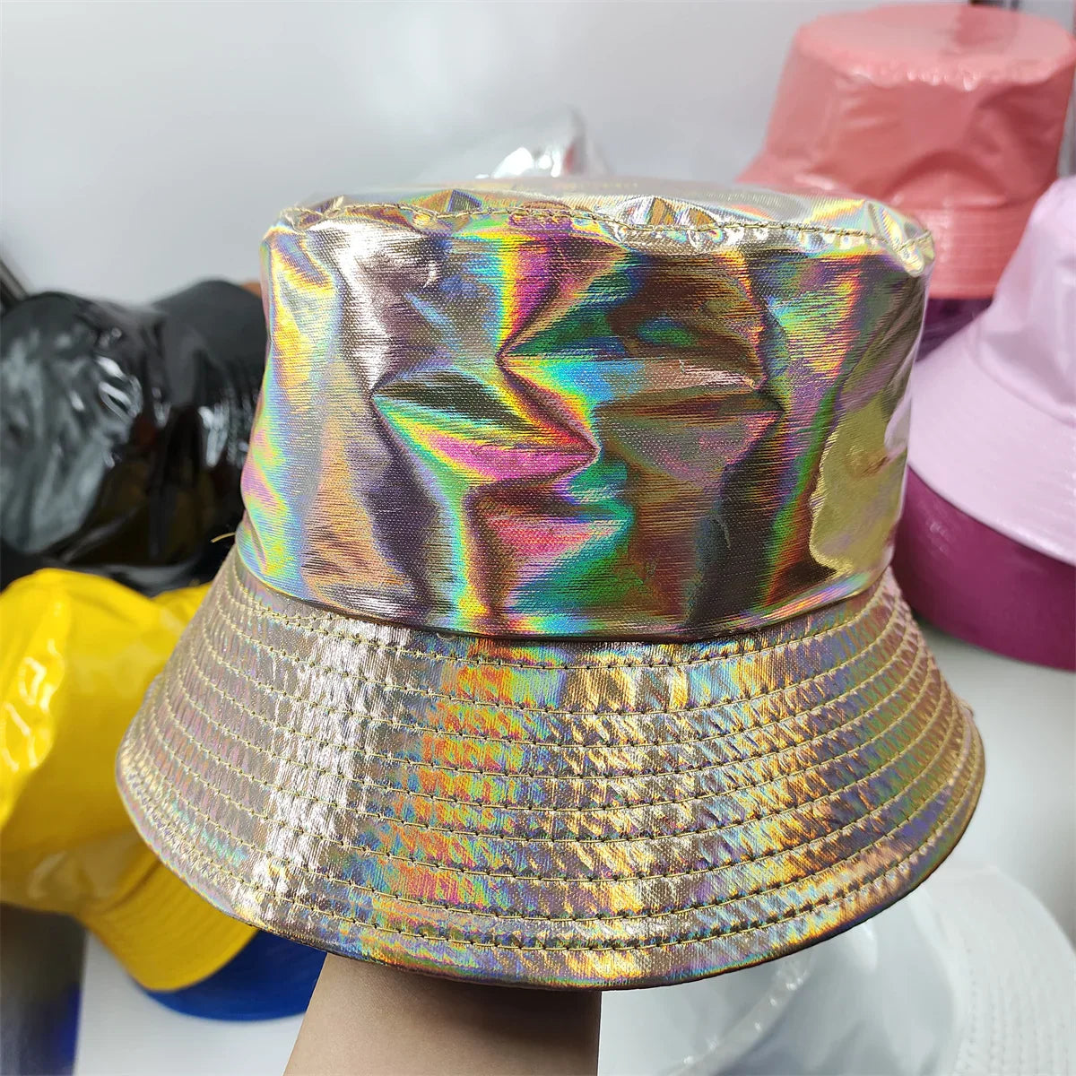 Colorful Shiny Leather Two Sided Fisherman Hat Women's and Men's Hip Hop Summer Sunshade Hat Foldable Bucket Hat