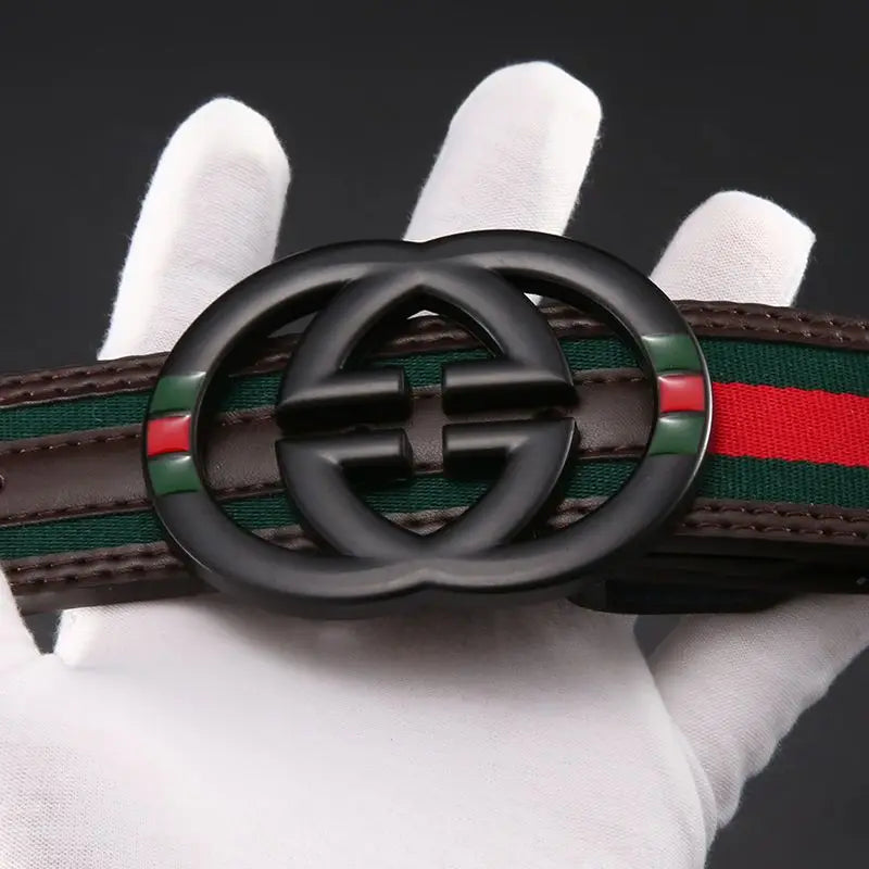 2026 New Unisex Red Green Stripe Belt 3.8cm - Durable Canvas Designer Waistband with Metal Logo, Trendy & Wear- Resistan