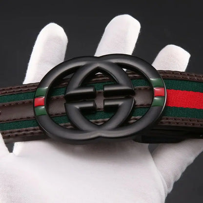 2026 New Unisex Red Green Stripe Belt 3.8cm - Durable Canvas Designer Waistband with Metal Logo, Trendy & Wear- Resistan
