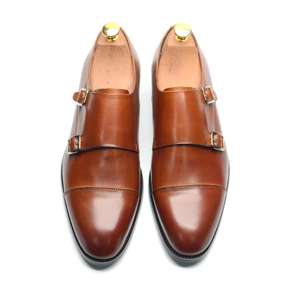 Luxury Men's Wedding Formal Shoes Genuine Leather Pure Brown Black Double Buckle Monk Strap Cap Toe Business Office Dress Shoes
