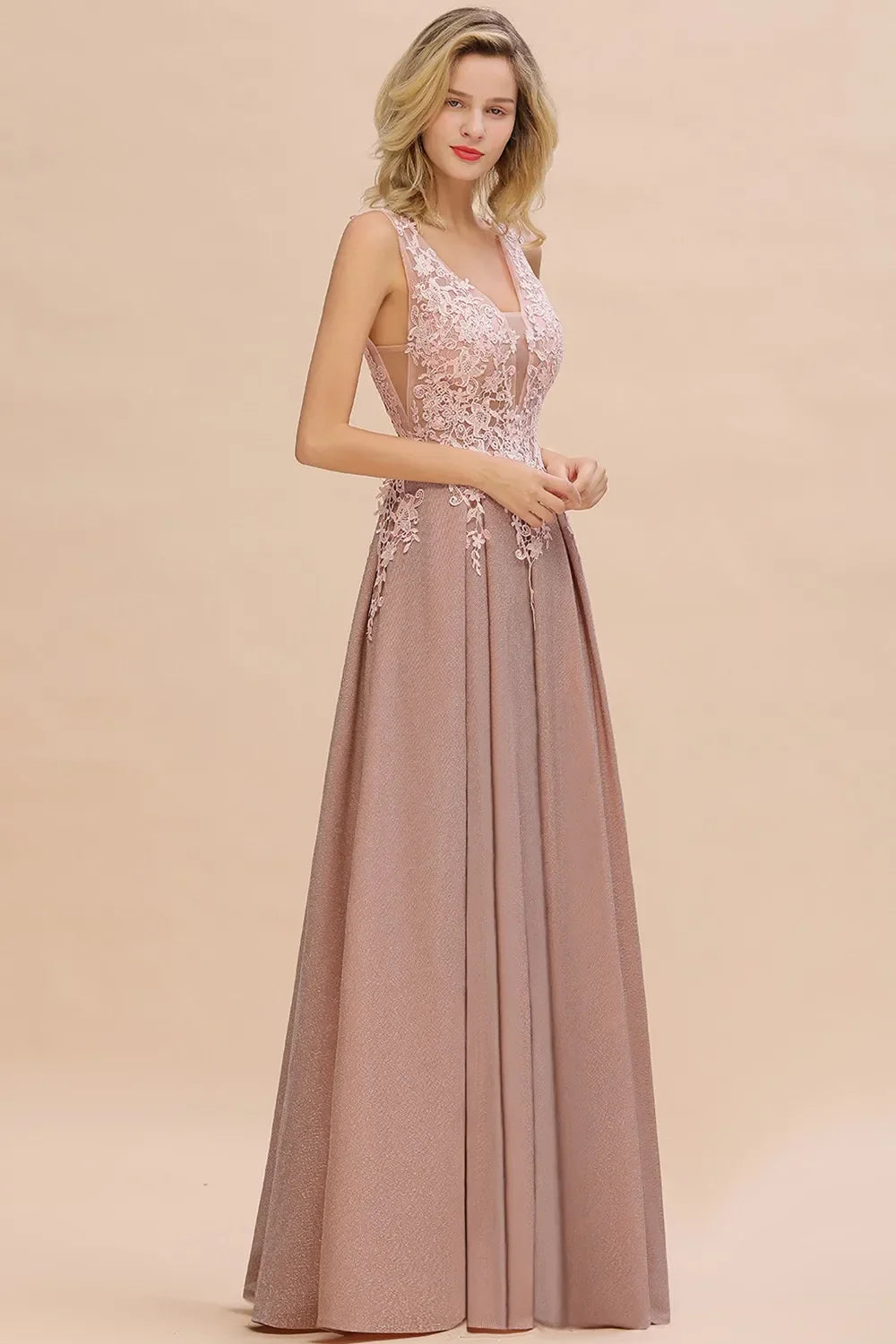 Dusty Pink Bridesmaid Dresses Appliques Lace V Neck Illusion Blue Burgundy Silver For Bride Wedding Party Prom Gowns Vestidos
