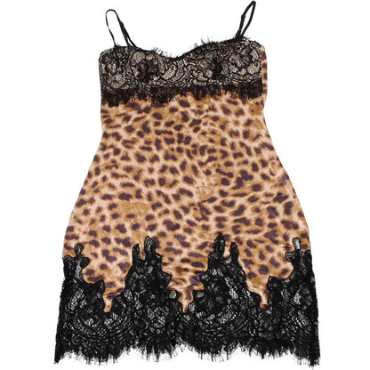 Patchwork Printed Leopard Lace Women Mini Dress Spaghetti Strap High Waist Dress Summer Slim Elegant Party Club Dress