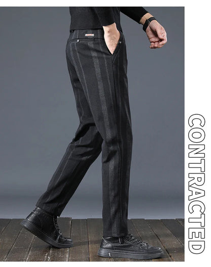 Autumn New Men's Slim Casual Pants  Fashionable Fit Elastic Business Pants High Quality Stripe Classic 3-colors Male Trousers