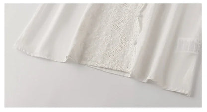 2026 Summer Embroidery Puff Sleeve Linen Cotton Women Blouse Spring Casual White Hollow Out Tops Short Sleeve Shirt