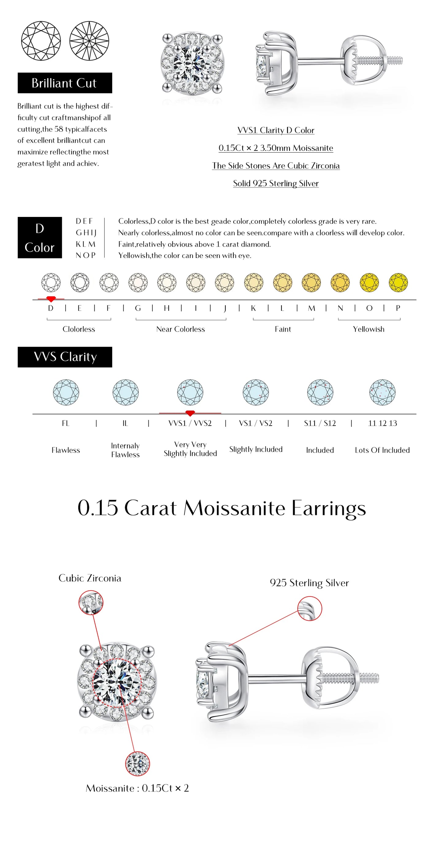 MODIAN D Color Moissanite Stud Earrings Round Cut Lab Created Diamond 925 Sterling Silver Silver Bridal Jewelry For Women Gifts