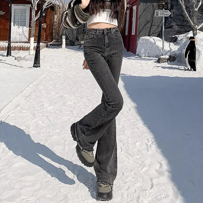 2024 Woman High Waist Vintage Flare Jeans Female Gothic Elastic Bell Bottom Pants Lady Streetwear Blue Black Grey Denim Trousers