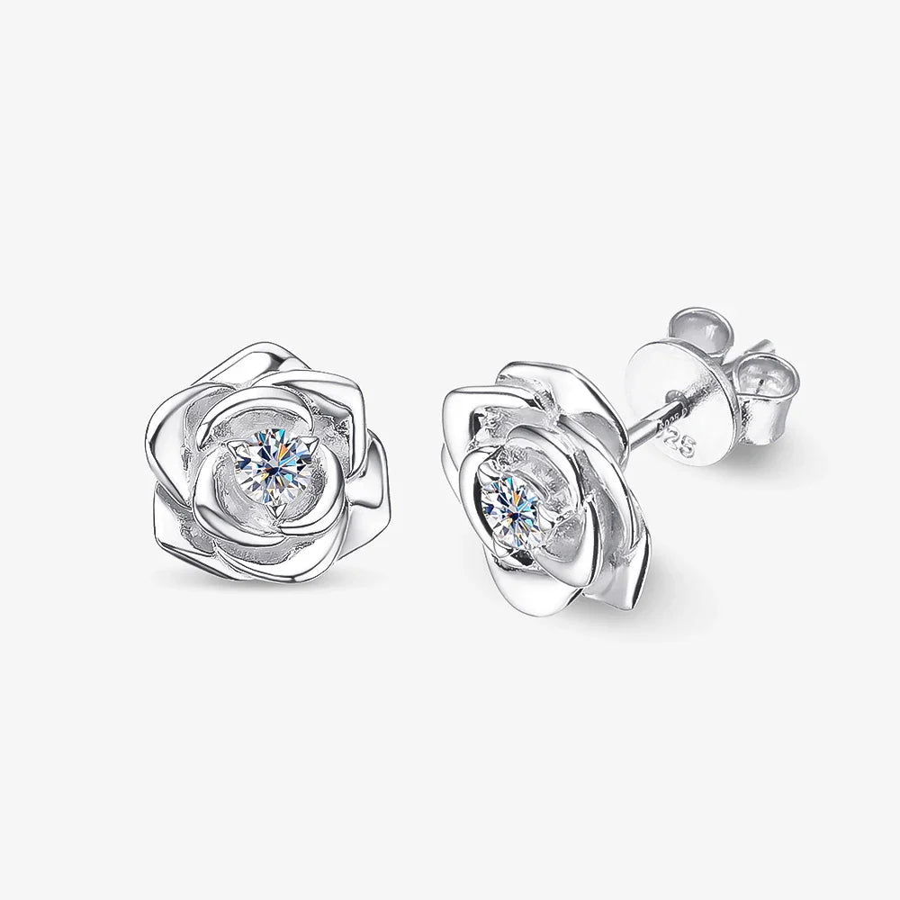 100% 925 Sterling Silver 3mm Moissanite Diamond Stud Earring For Women Romantic Rose Flower Earring Sparkling Fine Jewelry