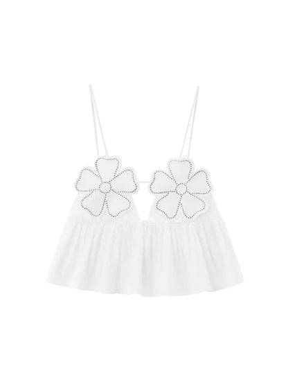 2025 Women Fashion  Rhinestone Floral Poplin Tank Tops Sexy Backless Tied Thin Straps Female Female Camis Top Mujer