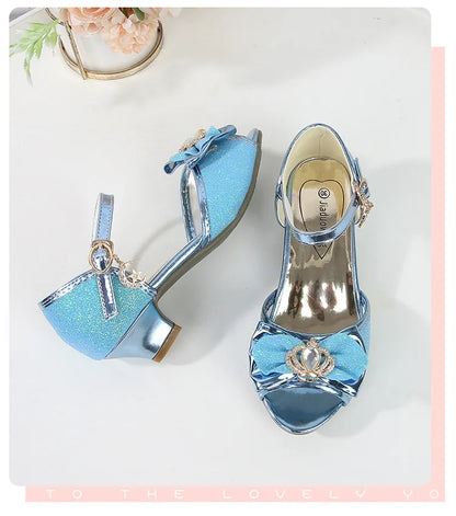 Girls Princess Sandals Summer Open-toe Elegant Children High Heels Fashion Sequins Crown Kids Causal Glitter Wedding Dress Shoes