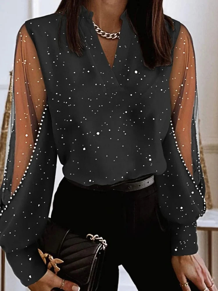 Elegant Retro Women's Long Sleeved Shirt V-neck Lace Fashionable Top for Ladies